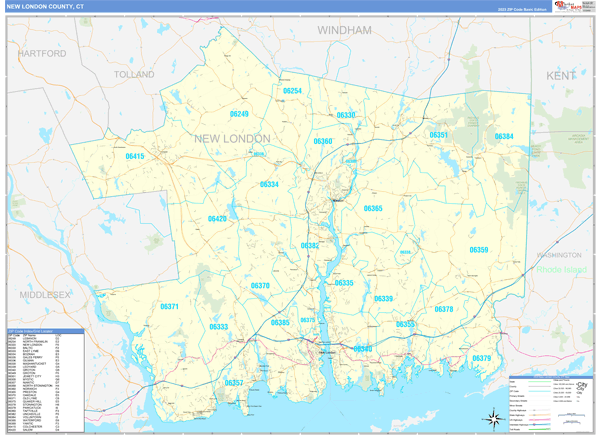 New London County, CT Zip Code Wall Map